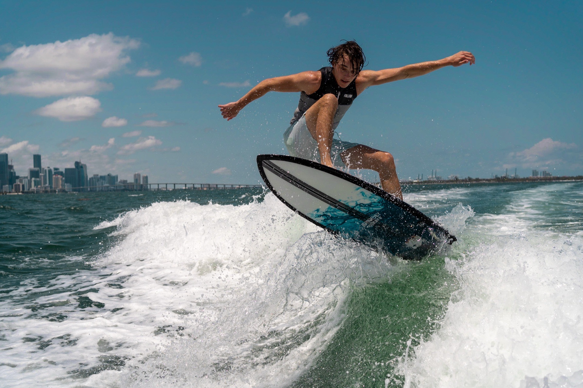 Close wakesurf action during private coaching in Miami